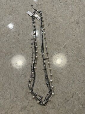 White House Black Market Silver and White Multi-Strand Pearl & Chain Necklace